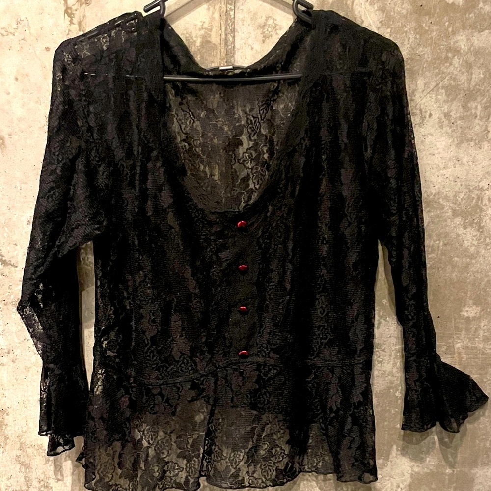 Black lace peplum top with bell sleeves